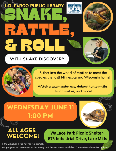 Snake Discovery.  Wednesday June 11, 1:00 PM.  Wallace Park.