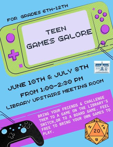 For 6th-12 grade Bring your friends & challenge them to a game on the library's switch, or to a board game. Feel free to bring your own games to play.